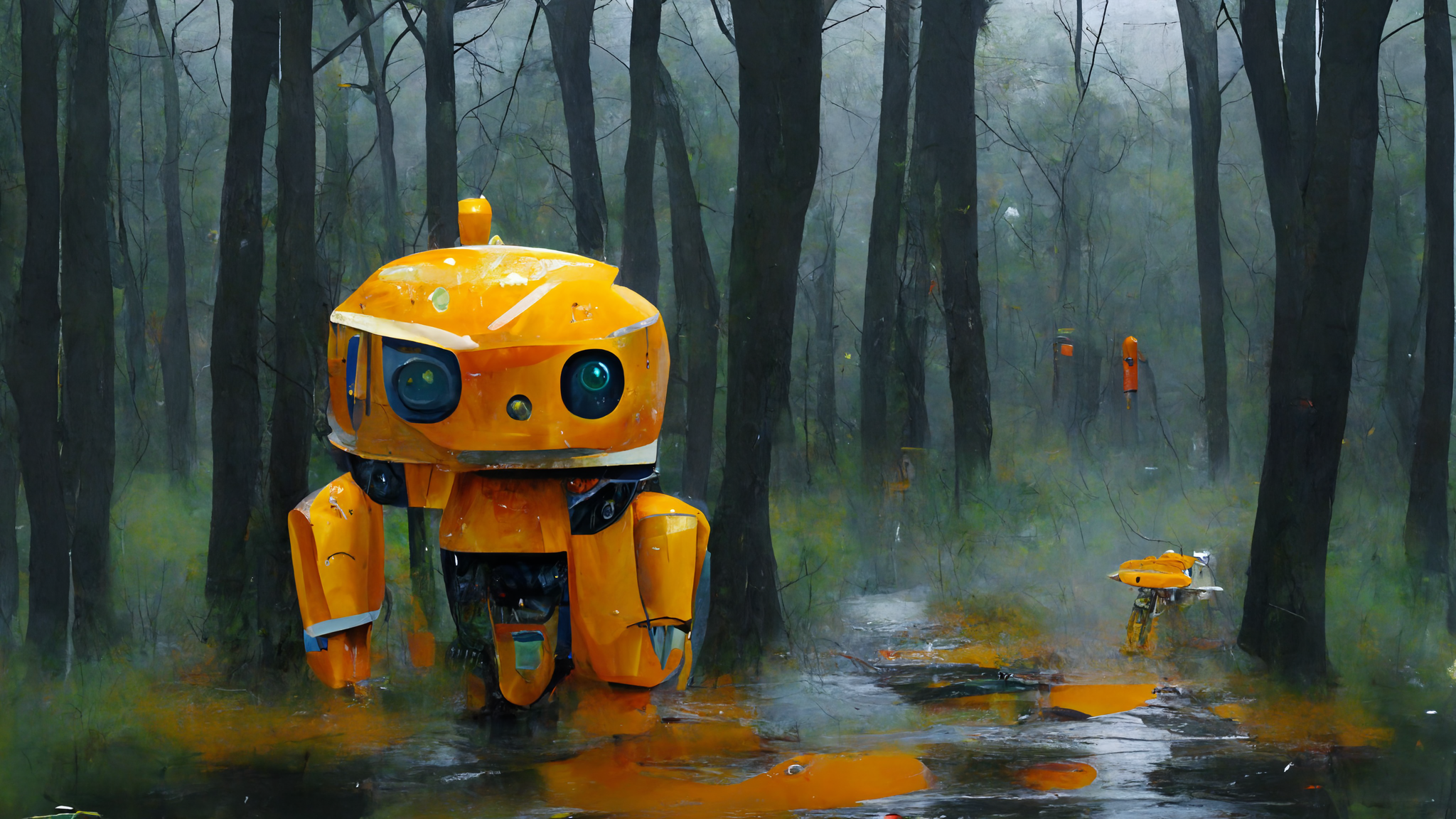 a yellow and orange robot in a forest during rain